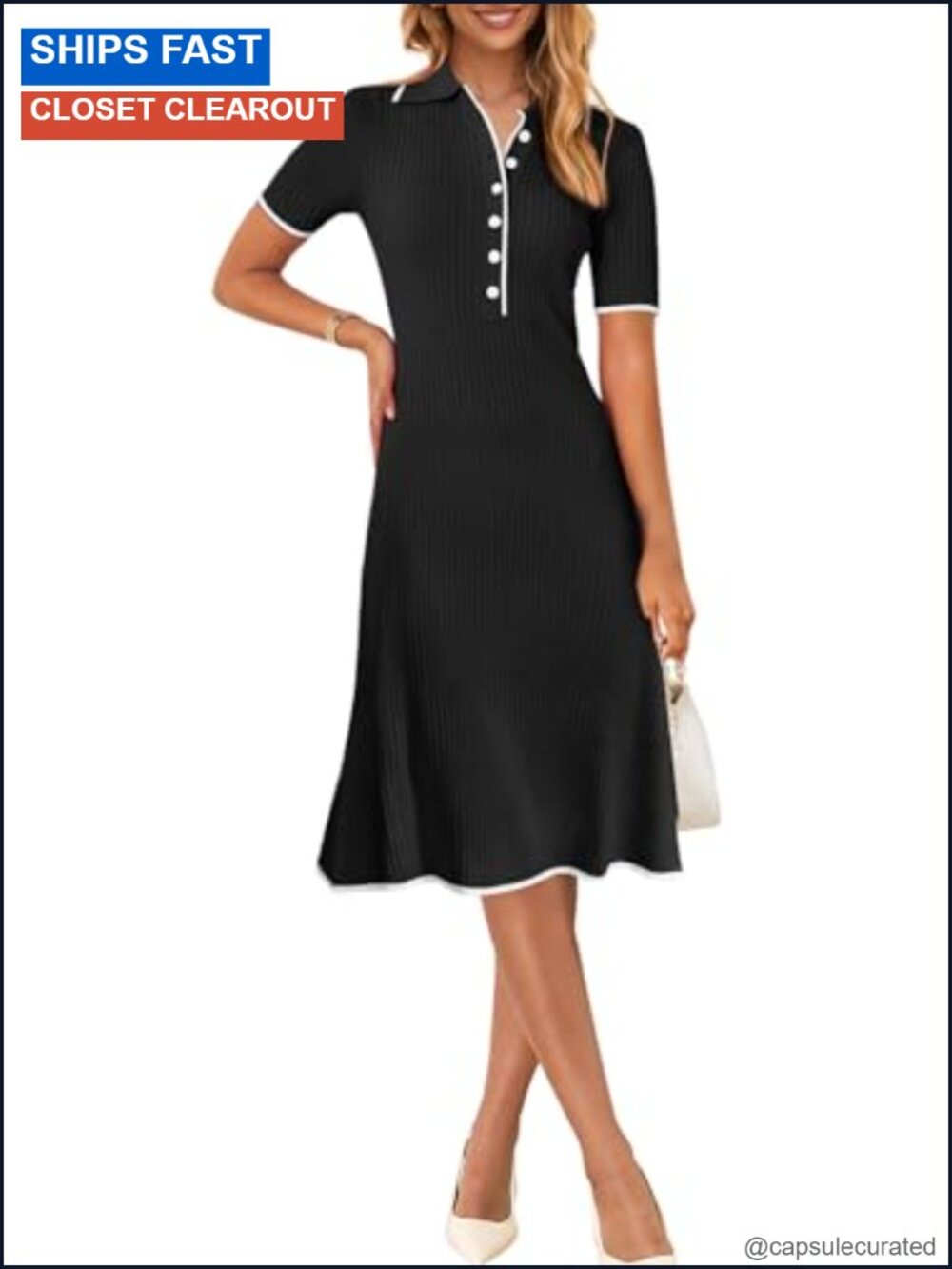Women's Ribbed Knit Bodycon Midi Dress V-Neck Button Down Short Sleeve